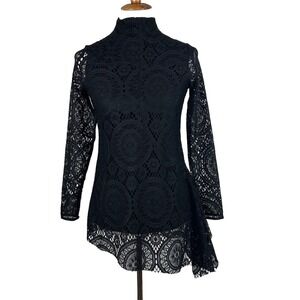 Soft Surroundings Top‎ Black Lace Crochet Asymmetric Long Sleeve Tunic Womens XS